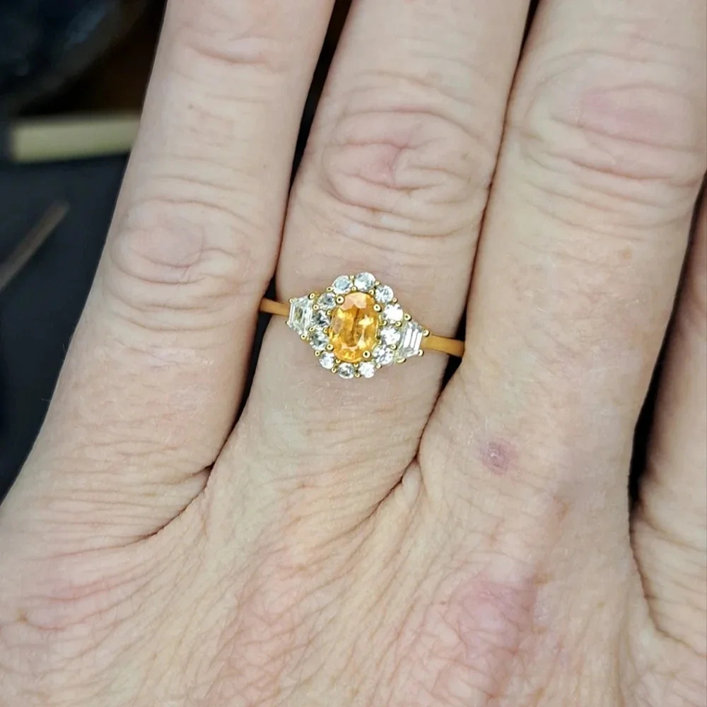 Spessartine Garnet & Natural White Zircon Halo Ring.